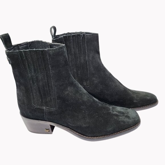 Sam Edelman Size 8.5 Bronson Black Suede Chelsea Boots Stacked Block Heel - Picture 2 of 10